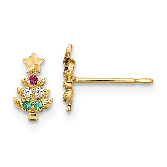 14k Gold Red & Clear Cubic Zirconia & Green Glass Christmas Tree Stud Earrings