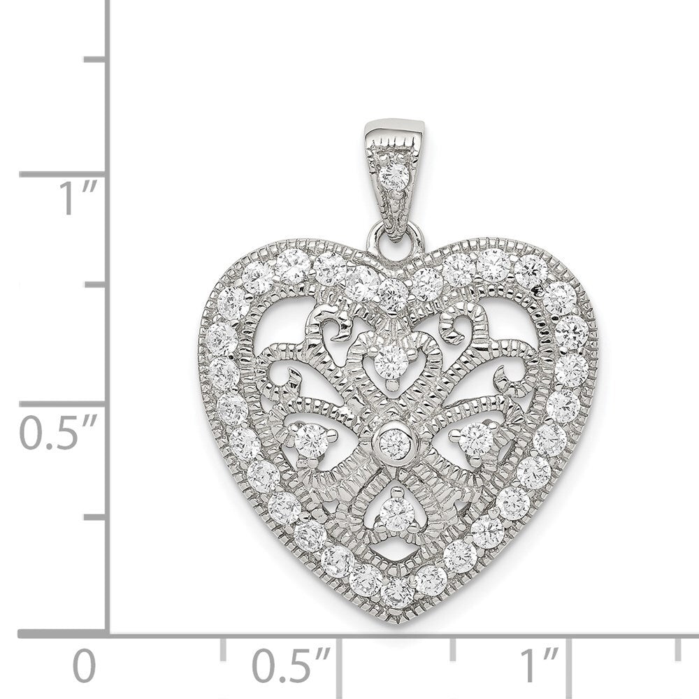Sterling Silver Rhodium-plated Cubic Zirconia Filigree Heart Pendant
