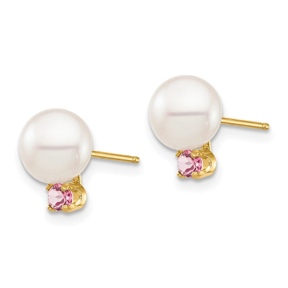 14k Yellow Gold 7mm Round Freshwater Cultured Pearl and Pink Topaz Stud Earrings