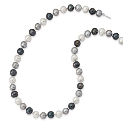 Sterling Silver Rhodium-plated 8mm Black, Green & Cultured Pearl Necklace 18"