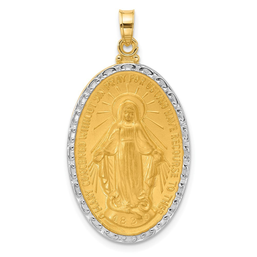 14k Yellow Gold with Rhodium Satin Polished Miraculous Medal Solid Oval Pendant