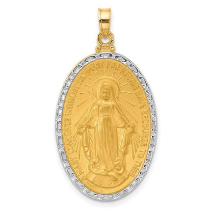 14k Yellow Gold with Rhodium Satin Polished Miraculous Medal Solid Oval Pendant