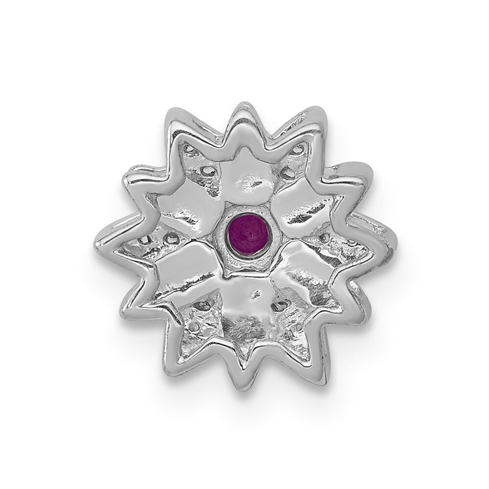 14k White Gold 1/20ct. Diamond and Ruby Flower Chain Slide Pendant for Women