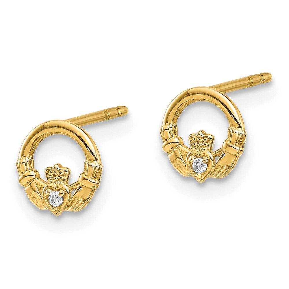 14k Yellow Gold Cubic Zirconia Claddagh Stud Earrings Gift for Women