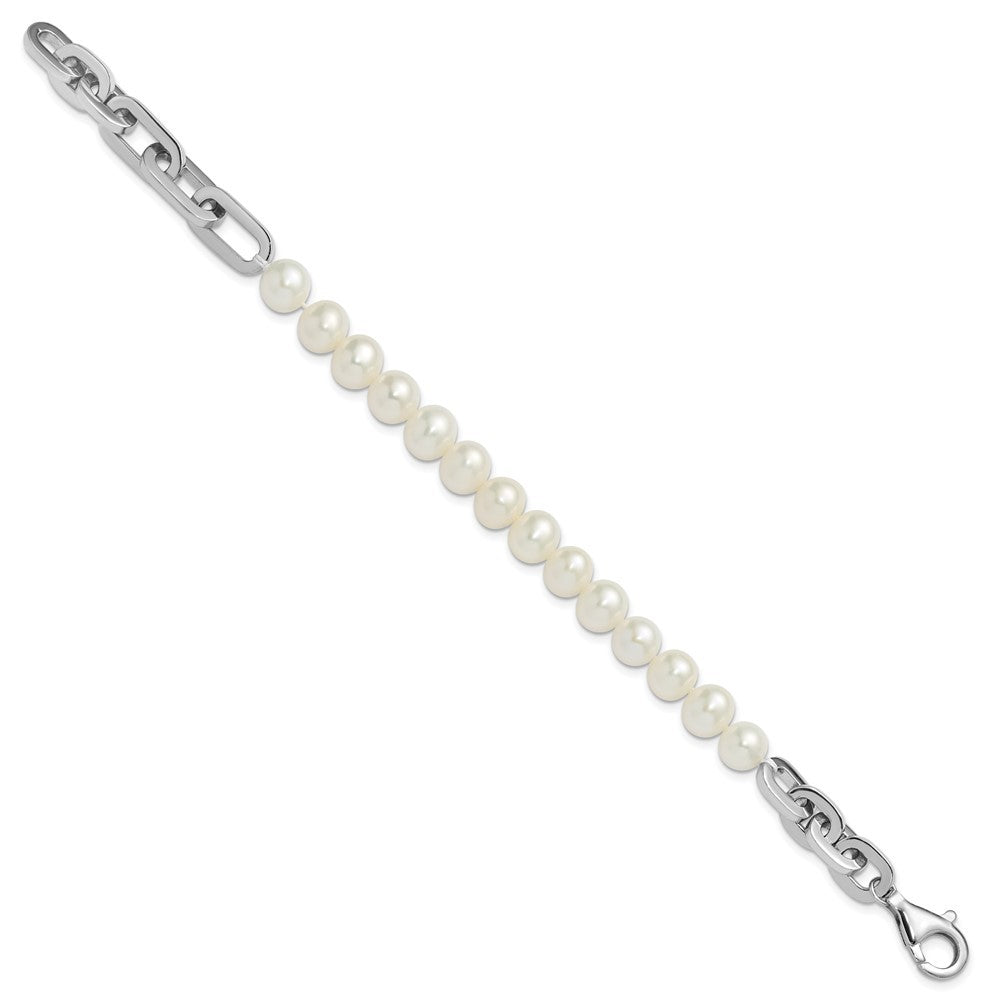 Sterling Silver Rhodium-plated 7-8mm Freshwater Cultured Pearl Link 8" Bracelet