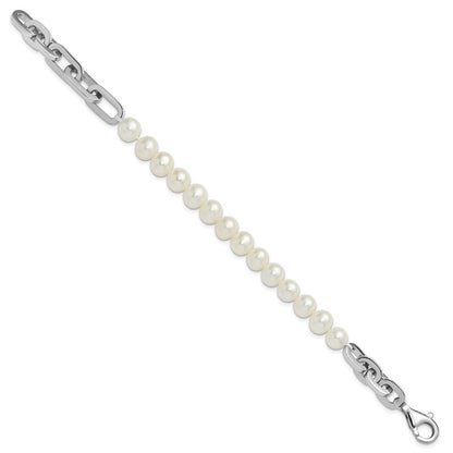 Sterling Silver Rhodium-plated 7-8mm Freshwater Cultured Pearl Link 8" Bracelet