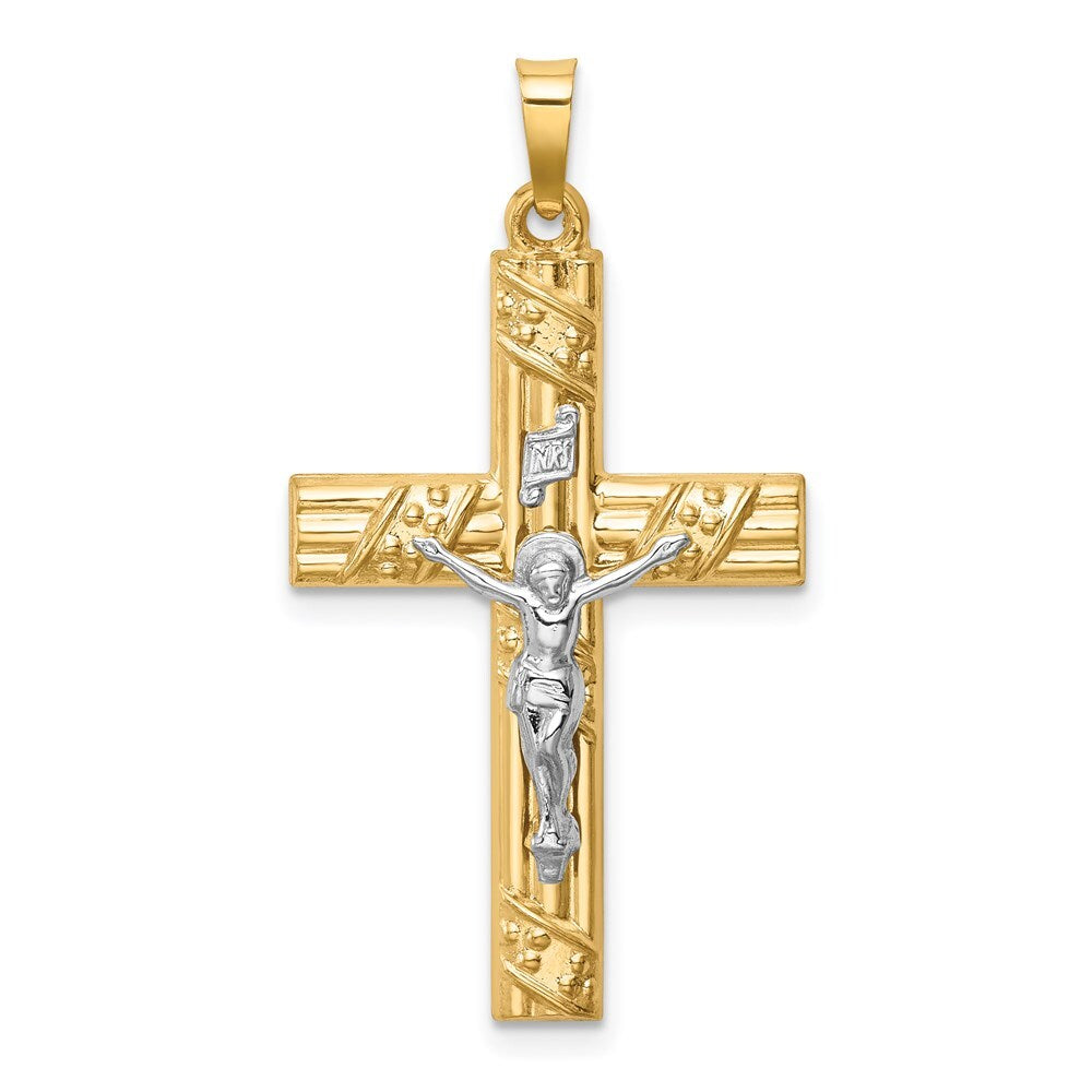 14k Two-tone Gold  Hollow Polished Textured & Striped Latin Crucifix Pendant