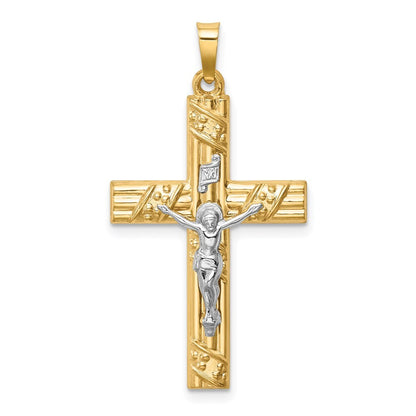 14k Two-tone Gold  Hollow Polished Textured & Striped Latin Crucifix Pendant