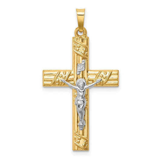14k Two-tone Gold  Hollow Polished Textured & Striped Latin Crucifix Pendant