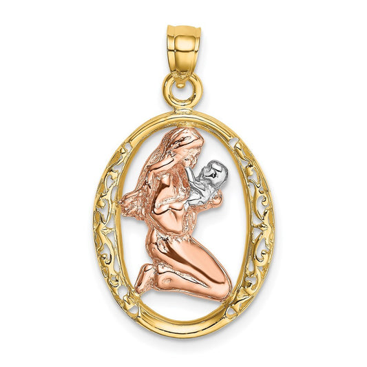 14k Two-tone Gold WIth White Rhodium Mother and Baby In Oval Frame Charm Pendant