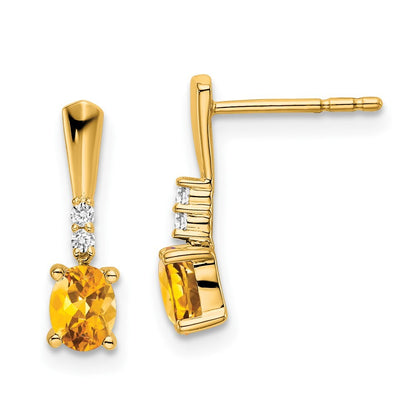 14k Yellow Gold Oval Citrine and Diamond Dangle Earrings Gift for Women
