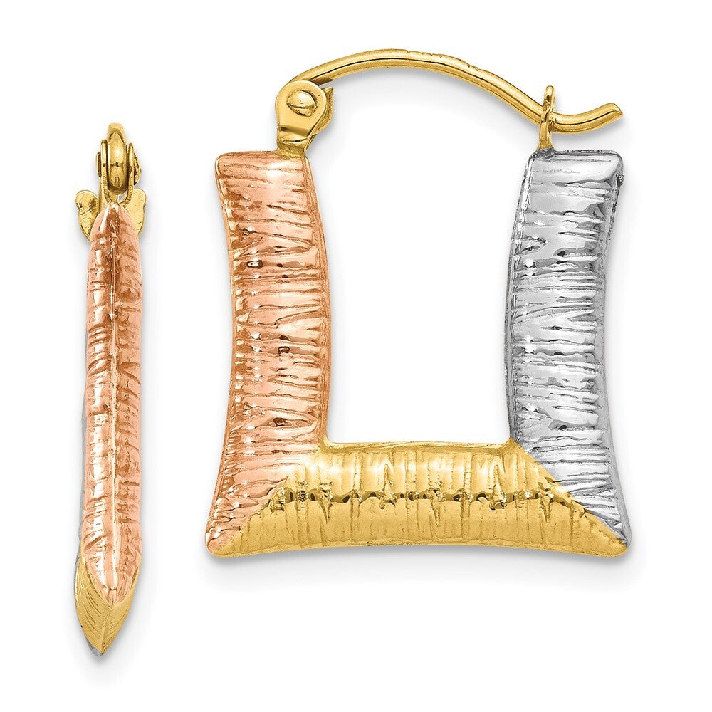 14k Yellow Gold & White & Rose Rhodium Hollow Textured Square Hoop Earrings