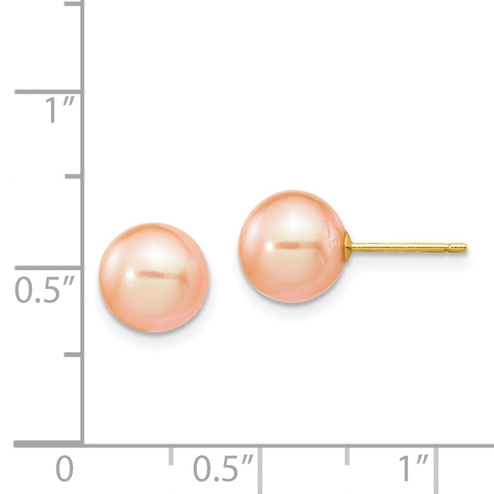 14k Yellow Gold 8-9mm Pink Round Freshwater Cultured Pearl Stud Earrings
