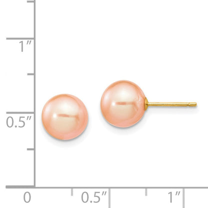 14k Yellow Gold 8-9mm Pink Round Freshwater Cultured Pearl Stud Earrings