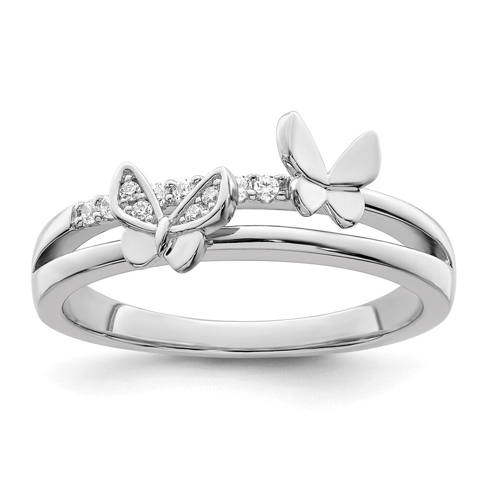 Sterling Silver Rhodium plated CZ Butterflies Ring Size 6