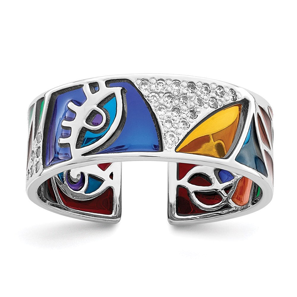 Sterling Silver Abstract Multi-color Enamel & Cubic Zirconia Cuff Ring SZ 8