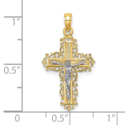 14k Two-tone Gold  Rhodium Textured Lace Trim Crucifix Charm Pendant for Women