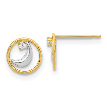 14k Yellow Gold Gold Rhodium Open Circle Cubic Zirconia Half Moon Stud Earrings