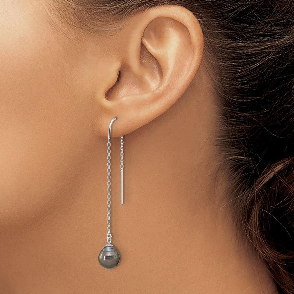 Sterling Silver 9-10mm Black Tahitian Saltwater Cultured Pearl Threader Earrings