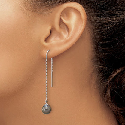 Sterling Silver 9-10mm Black Tahitian Saltwater Cultured Pearl Threader Earrings