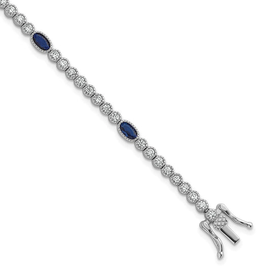 Sterling Silver and Beaded Fancy Oval Blue and Round White CZ 7" Bracelet