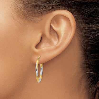 14k Yellow Gold & Rhodium Textured Hollow Oval Hoop Earrings Gift for Women