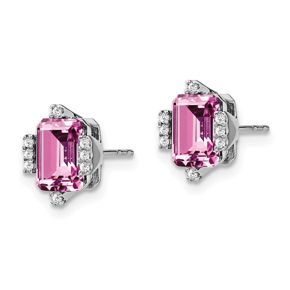 14k White Gold Emerald-shape Creat. Pink Sapphire/Diamond Stud Earrings