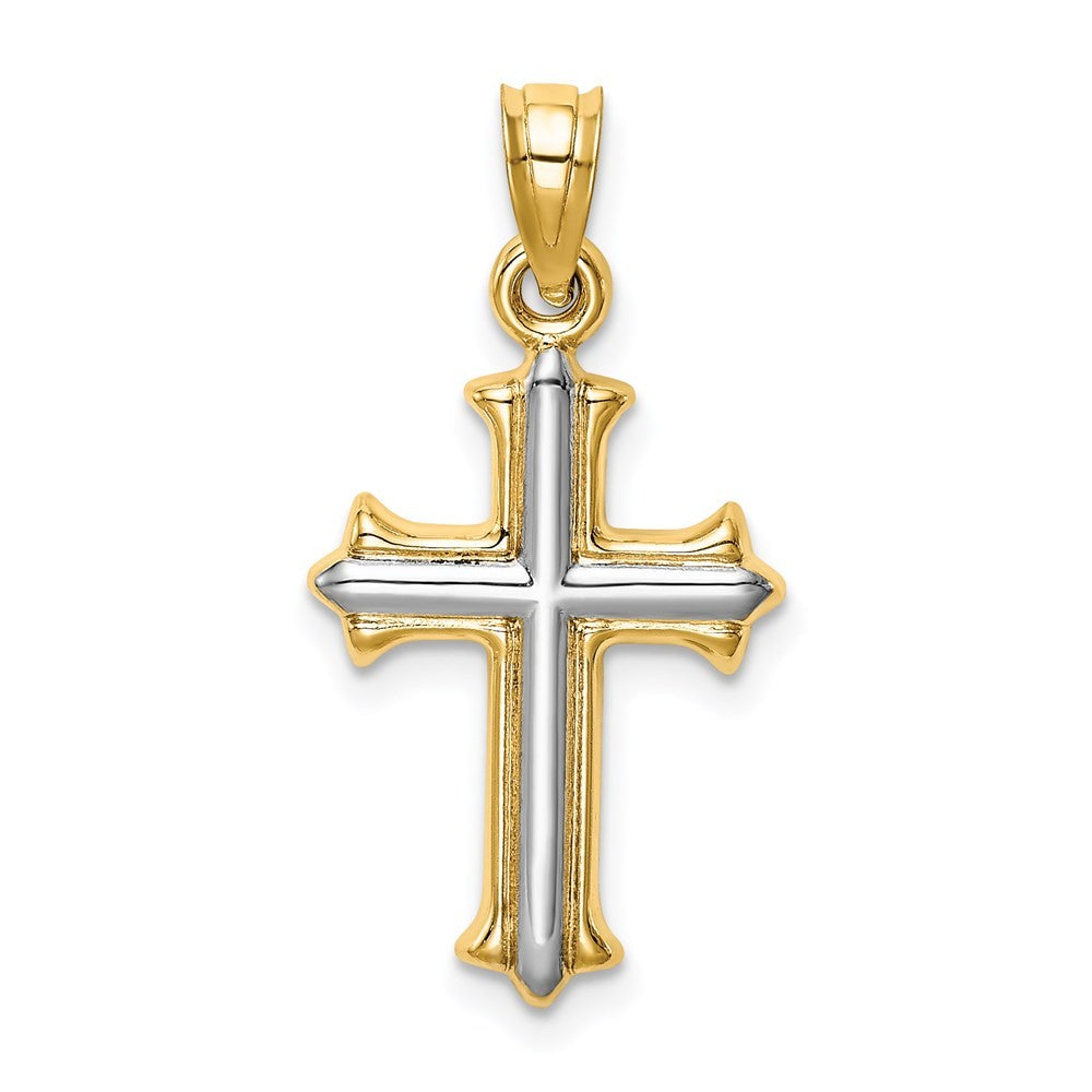 14k Yellow Gold w Rhodium Reversible Hollow Cross Pendant
