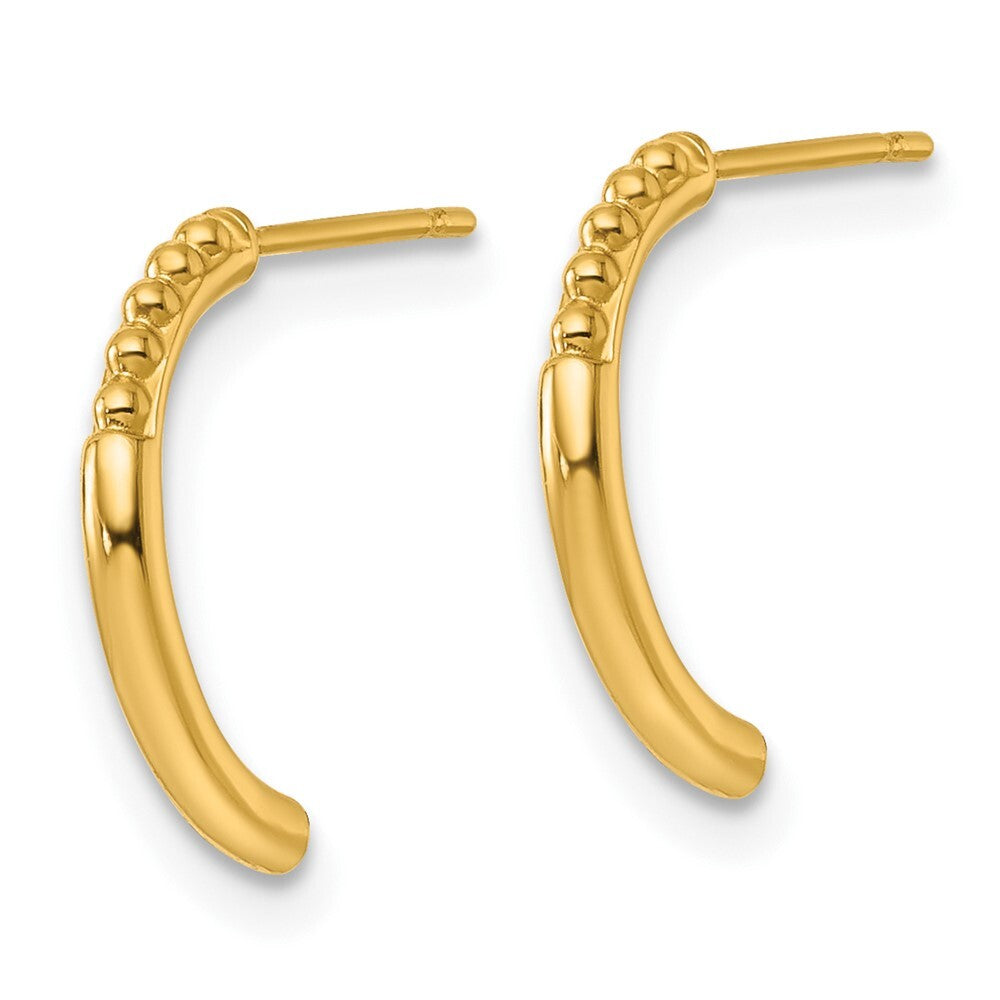 14k Yellow Gold Polished and Beaded J-Hoop Earrings Gift for Women