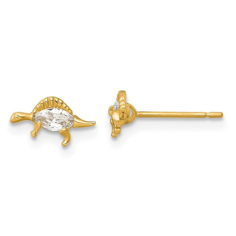 14k Yellow Gold Polished and Grooved Cubic Zirconia Stegosaurus Stud Earrings