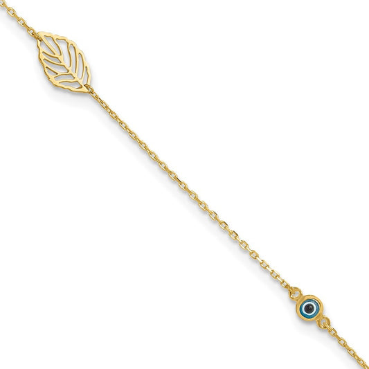 14k Yellow Gold Leaf and Glass Eye Bead 10" Anklet