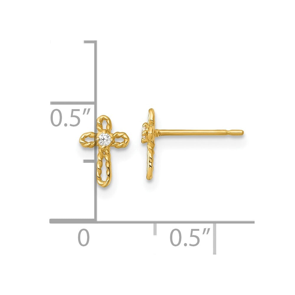 14k Yellow Gold Polished and Twisted Cubic Zirconia Cross Stud Earrings