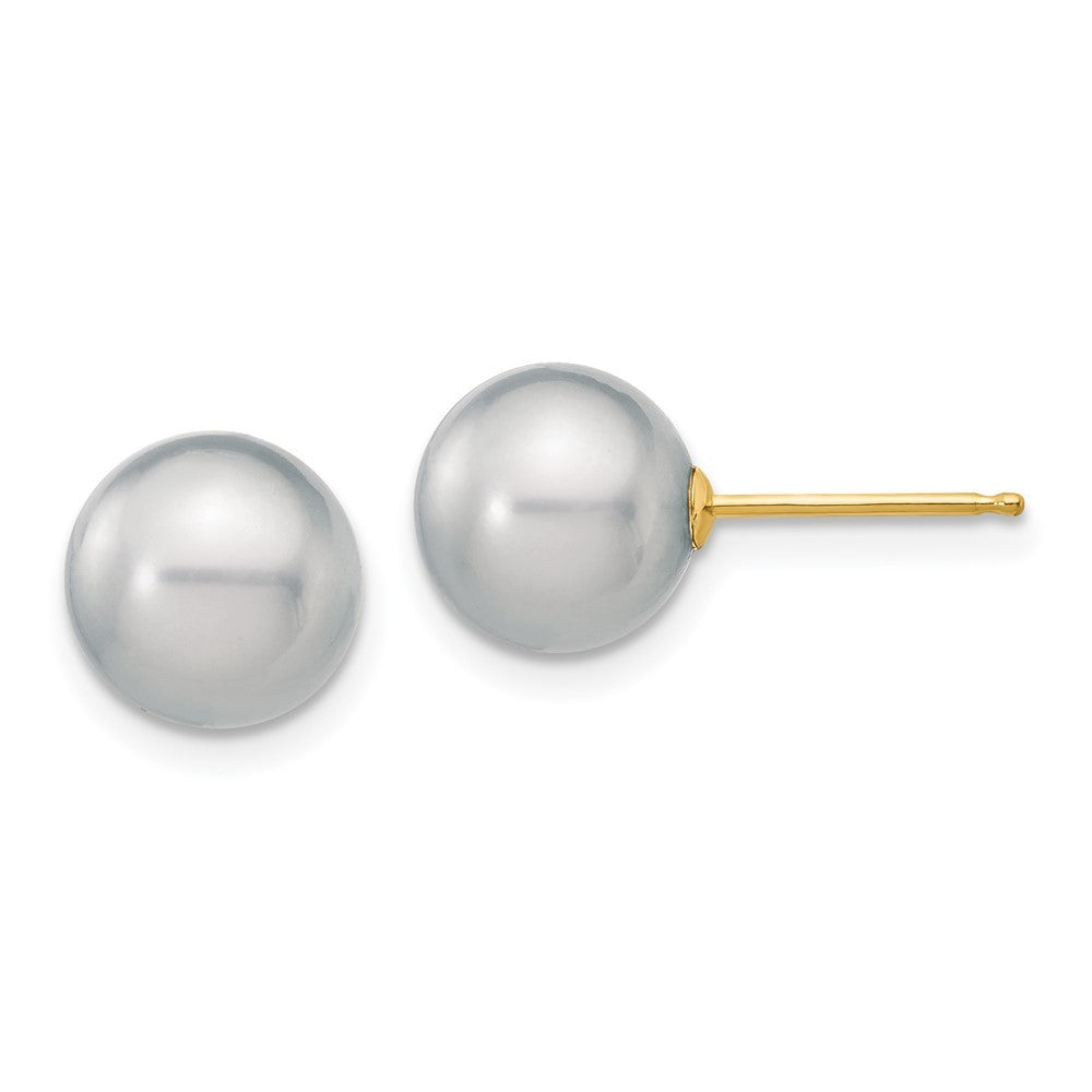 14k Yellow Gold 8-9mm Grey Round Freshwater Cultured Pearl Stud Post Earrings