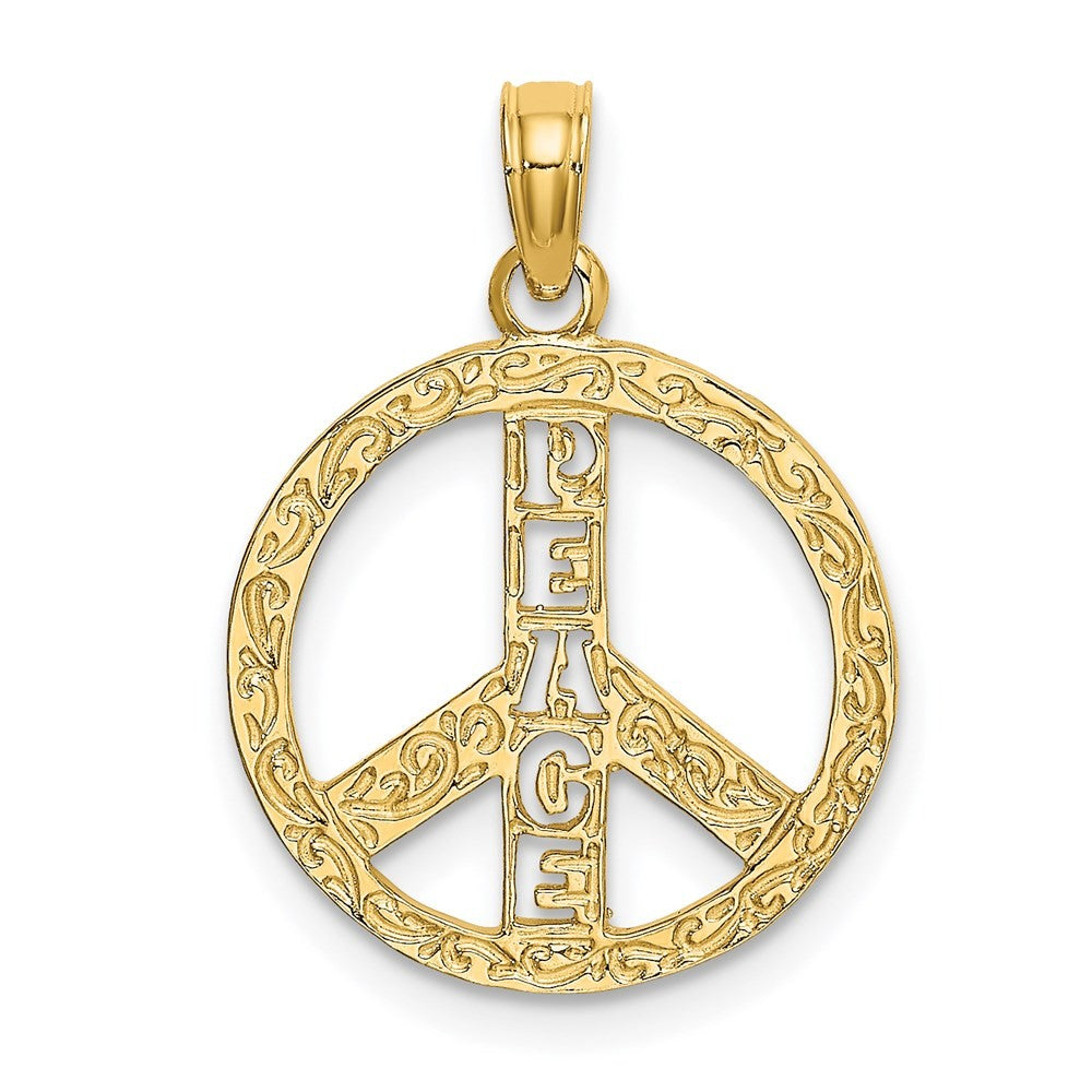 14k Yellow Gold Flat Textured Peace Sign Charm Pendant