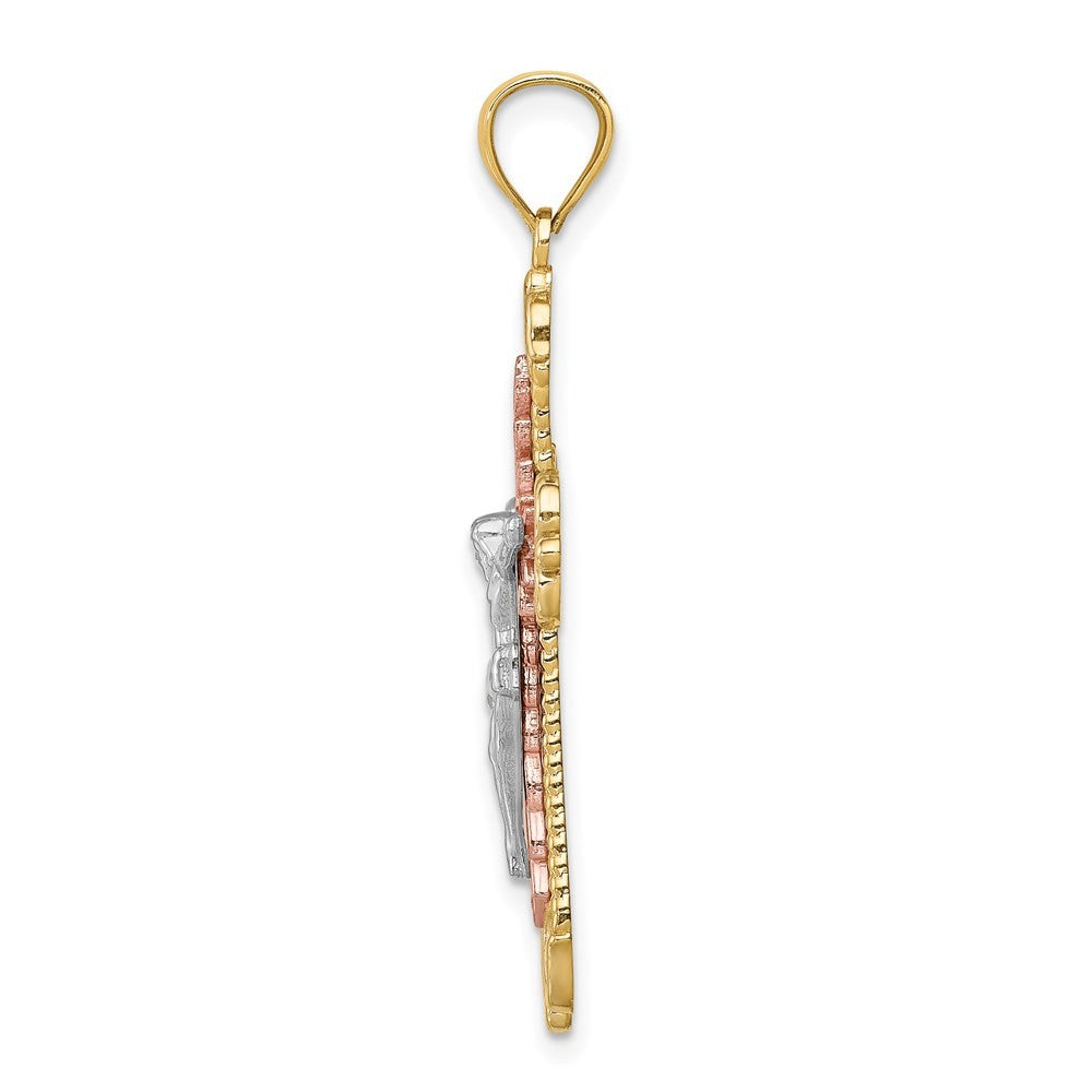 14K Tri-Color Diamond-Cut w/White Rhodium Crucifix Pendant