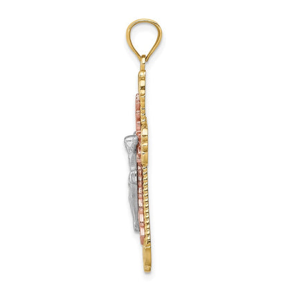 14K Tri-Color Diamond-Cut w/White Rhodium Crucifix Pendant