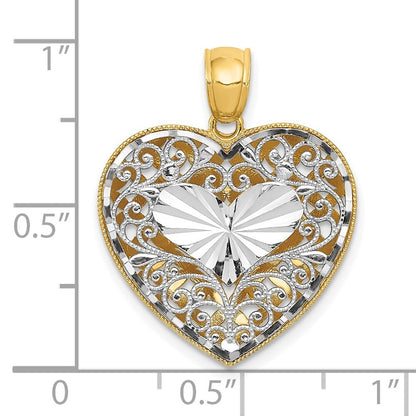 14k Two-tone Gold  Polished Reversible Diamond-cut Filigree Heart Pendant