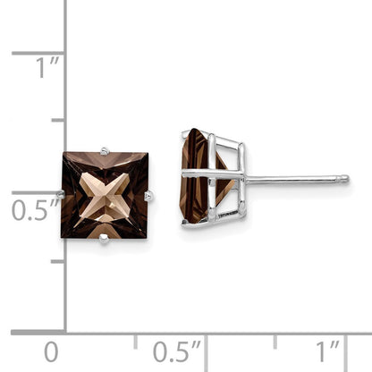 14k White Gold Princess 4-Prong 8.0mm Smoky Quartz Stud Earrings Gift for Women
