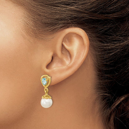14k Yellow Gold 6-7mm FWC Pearl Light Swiss Blue Topaz Dangle Earrings