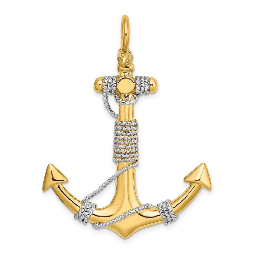 14k Yellow Gold 3-D Large Anchor Wrapped Rope Charm with Rhodium Plating