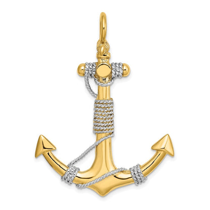 14k Yellow Gold 3-D Large Anchor Wrapped Rope Charm with Rhodium Plating