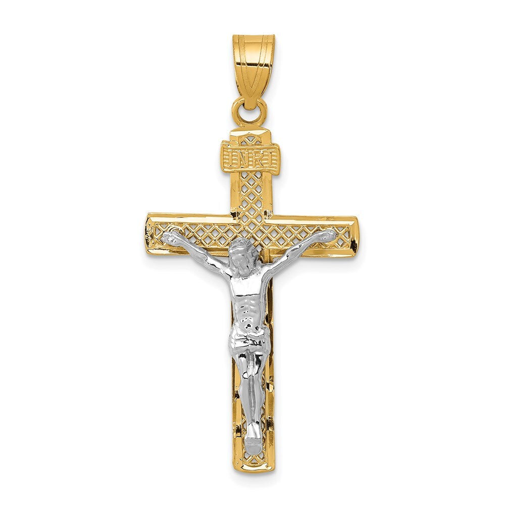 14k Two-tone Gold Diamond-cut Lattice Cross Crucifix Pendant