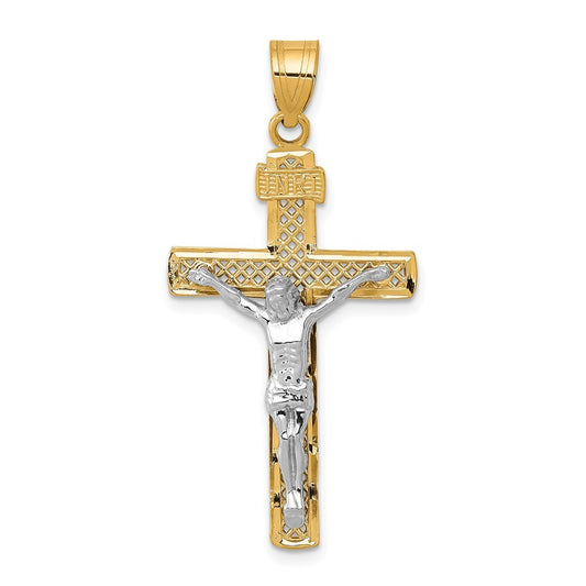 14k Two-tone Gold Diamond-cut Lattice Cross Crucifix Pendant