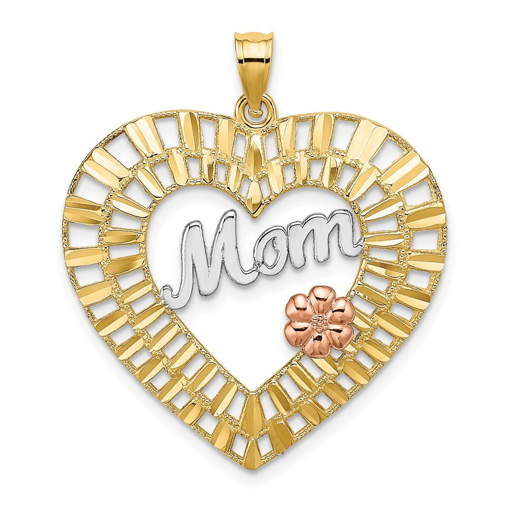 14k Two-tone Gold White Rhodium Diamond-Cut MOM Heart Charm Pendant for Women