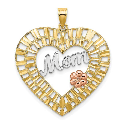 14k Two-tone Gold White Rhodium Diamond-Cut MOM Heart Charm Pendant for Women