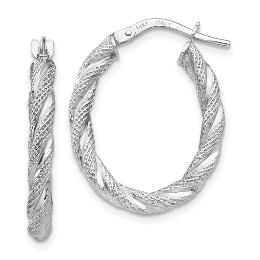 14K White Gold Twisted Textured Oval Hoop Earrings Gift for Women
