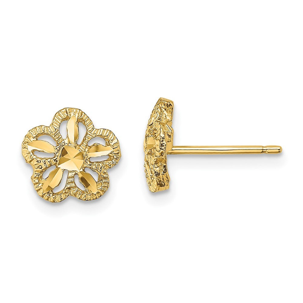 14k Yellow Gold Diamond-cut Flower Earrings