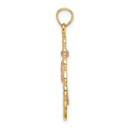 14k Two-Tone Gold Textured Oval Frame Dangling Rose Charm