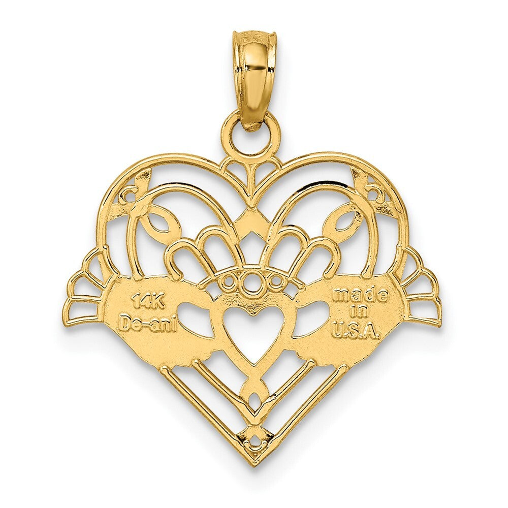 14k Yellow Gold Polished and Beaded Claddagh In Heart Charm Pendant for Women