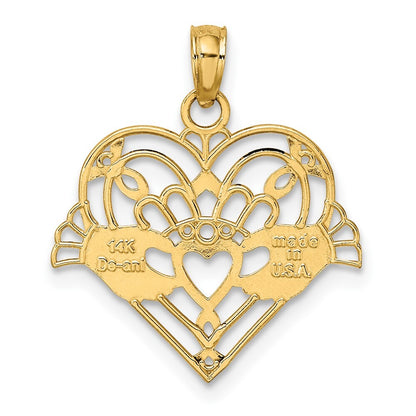 14k Yellow Gold Polished and Beaded Claddagh In Heart Charm Pendant for Women